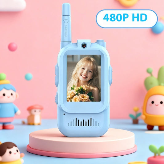 Children's walkie-talkie with a screen displaying a child's face, set against a colorful background with toys.