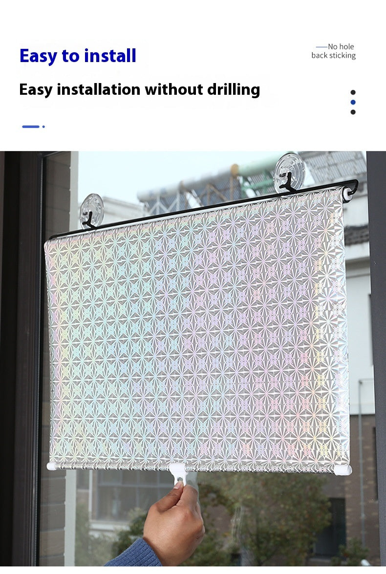 Window treatment with clear clips on a window, labeled 'Easy to install' without drilling.