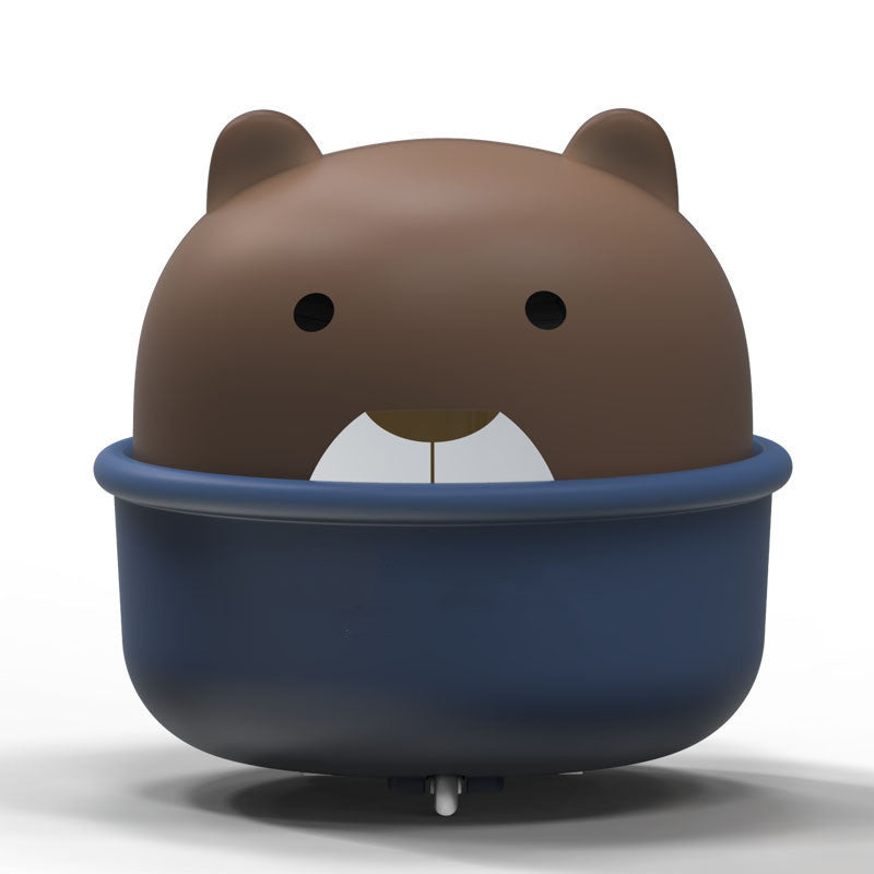 Brown animal-shaped device with a blue base on a white background