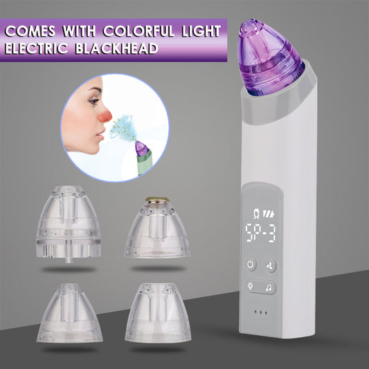 Electric blackhead remover with colorful light feature and attachments on a gray background