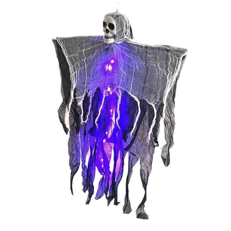 Halloween decoration of a ghost with LED lights on a white background