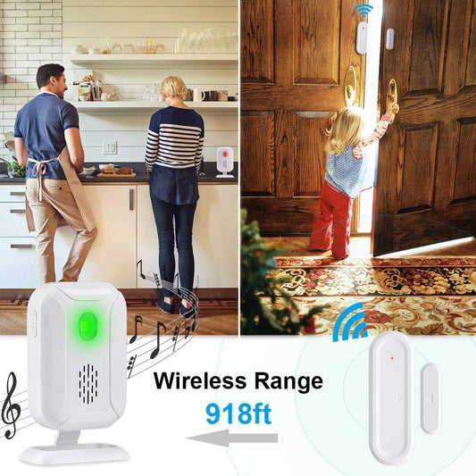 Home security device with wireless range indicator in a kitchen and hallway setting.
