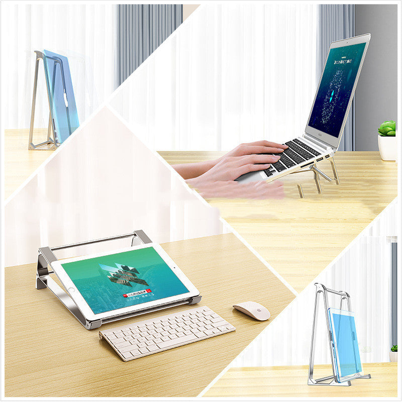 Collage of a laptop on a stand with a tablet on a separate stand, both on a desk.