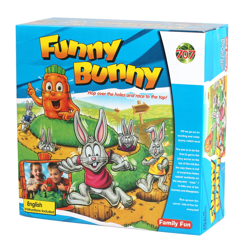 Box of 'Funny Bunny' board game with cartoon bunnies and carrot character on a blue and white background.