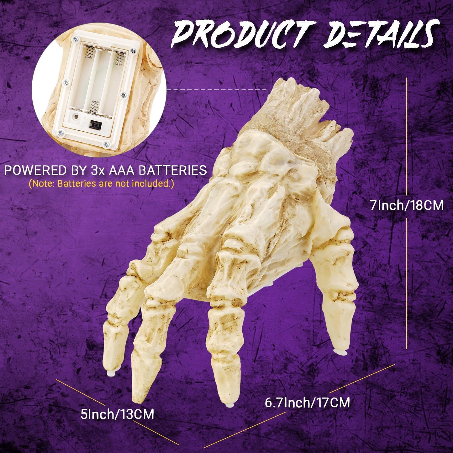Product details of a decorative item resembling a hand on a purple background