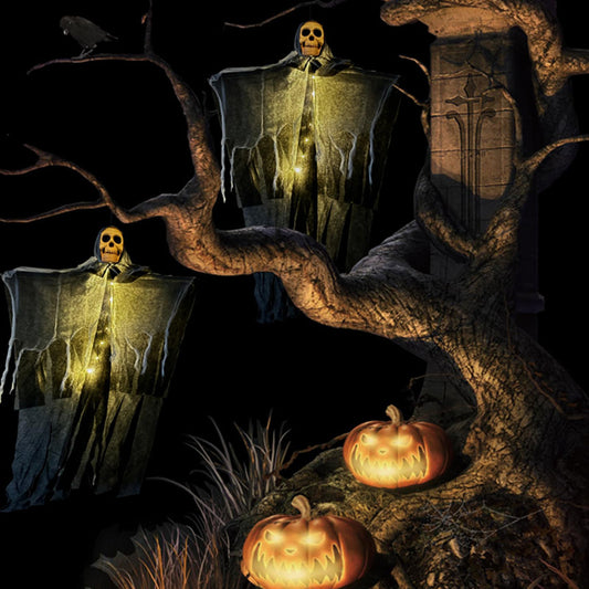 Spooky Halloween scene with ghosts, pumpkins, and a dark background