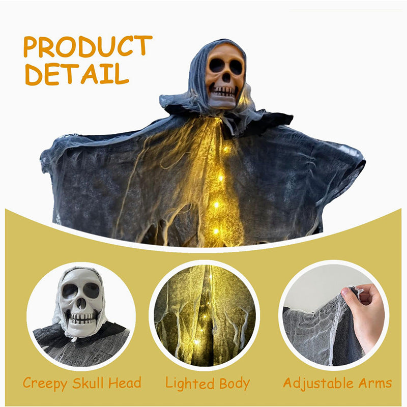 Halloween costume with glowing lights, featuring a skull head, lighted body, and adjustable arms on a white background.