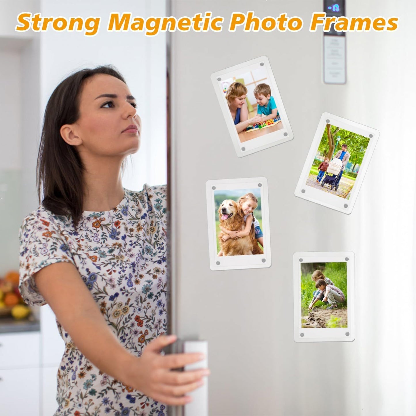 Woman looking at strong magnetic photo frames on a refrigerator with various family photos.