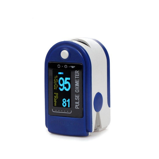 Blue and white pulse oximeter on a white background