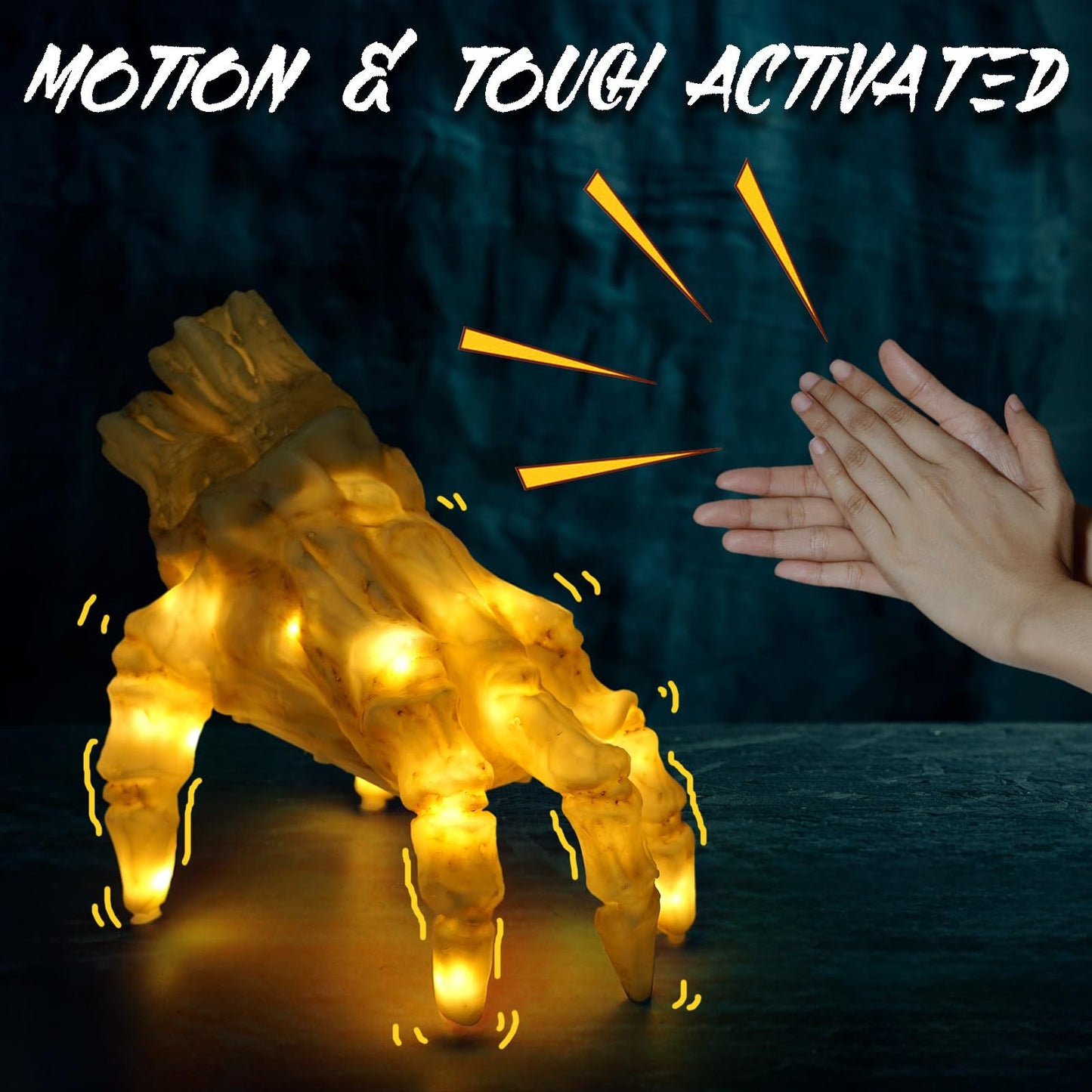 Light-up dog toy with glowing yellow strings, activated by clapping hands on a dark background.
