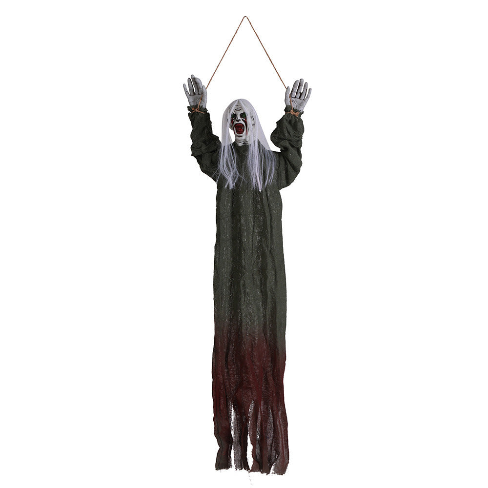 Hanging ghost decoration with outstretched arms on a white background