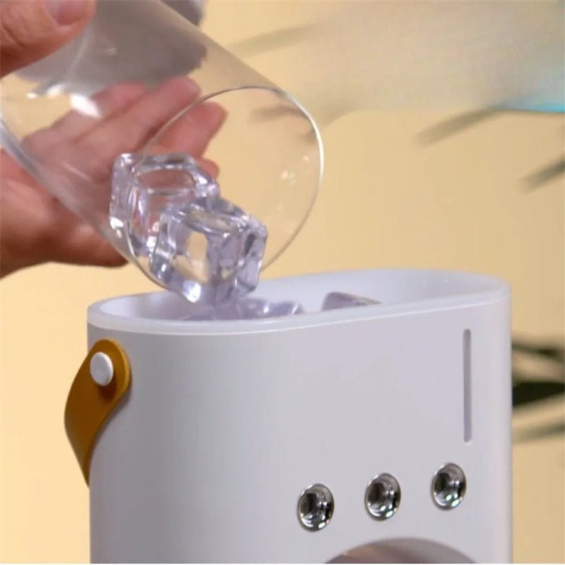 Person pouring water from a clear container into a white humidifier with a gold accent.