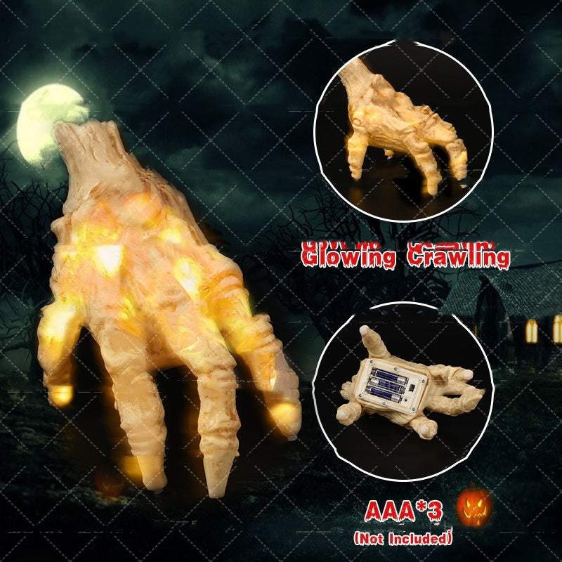 Glowing artificial hand with embedded lights on a dark background