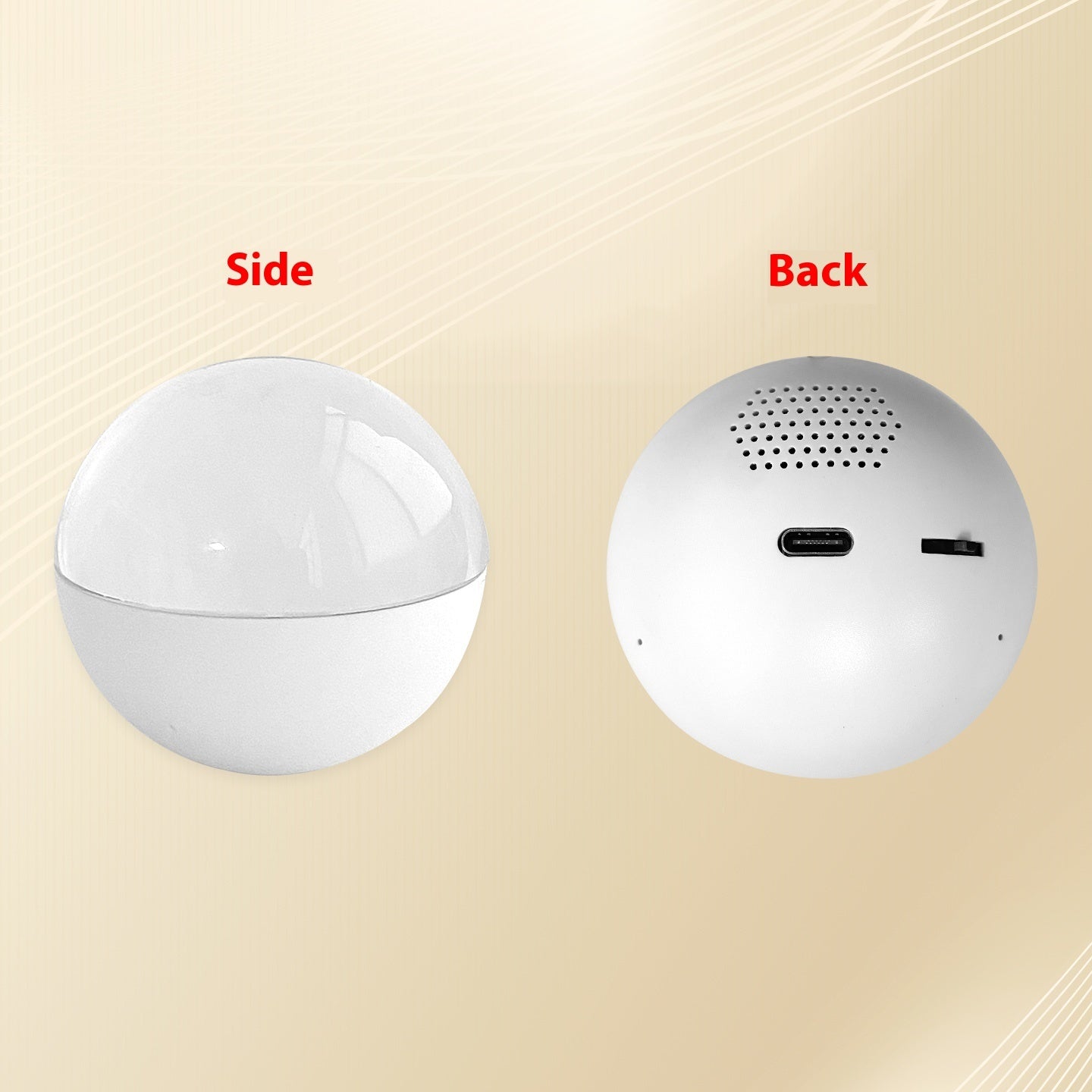 White spherical device shown from the side and back on a beige background