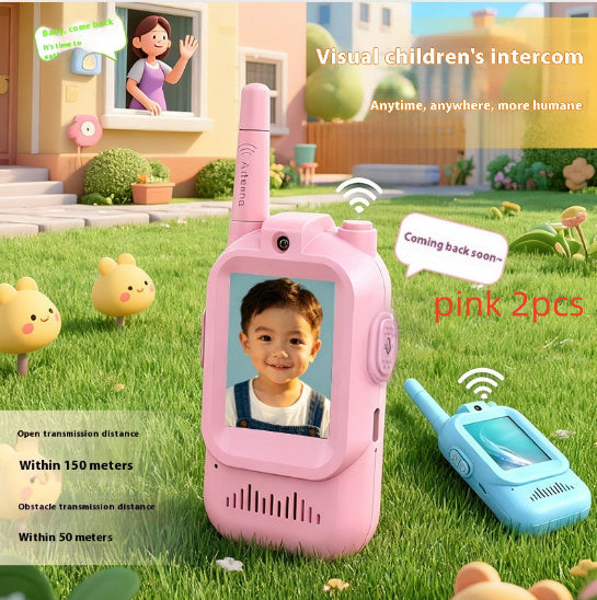 Pink and blue intercom devices for children on a grassy background with outdoor scene.