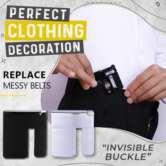 Invisible buckle belt system with text 'Perfect Clothing Decoration' and 'Replace Messy Belts'.