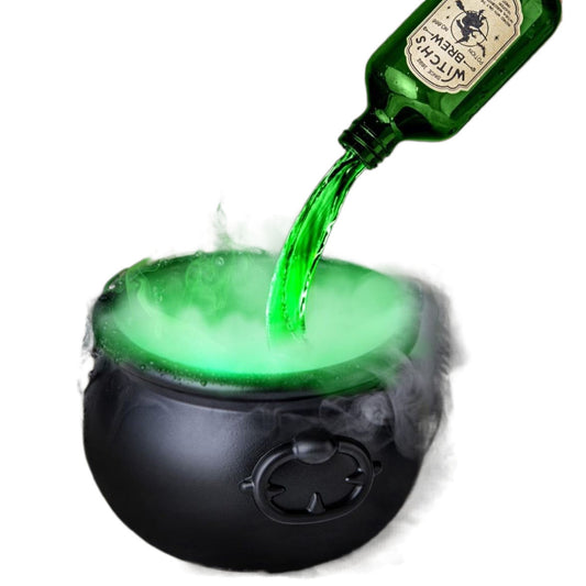 Green liquid being poured from a bottle into a black cauldron with smoke effect on a white background