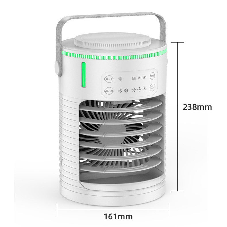 Portable fan with dimensions labeled on a white background