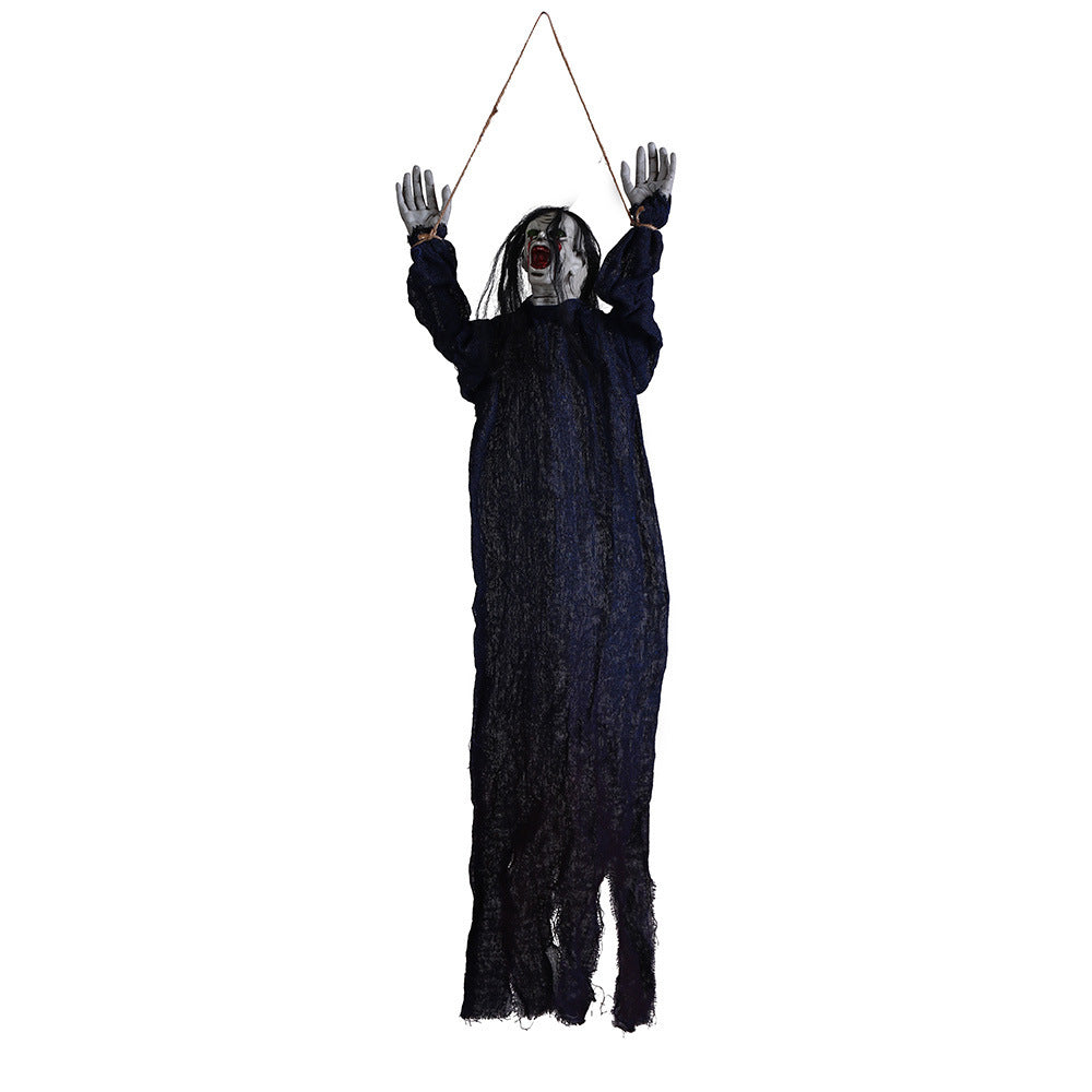 Hanging ghost decoration with a white face and black robe on a white background