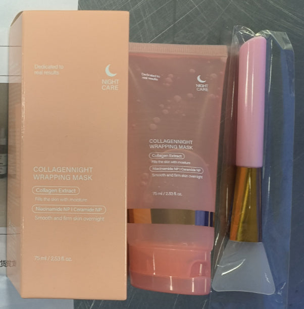 Collagen night wrapping mask with packaging and applicator on a reflective surface