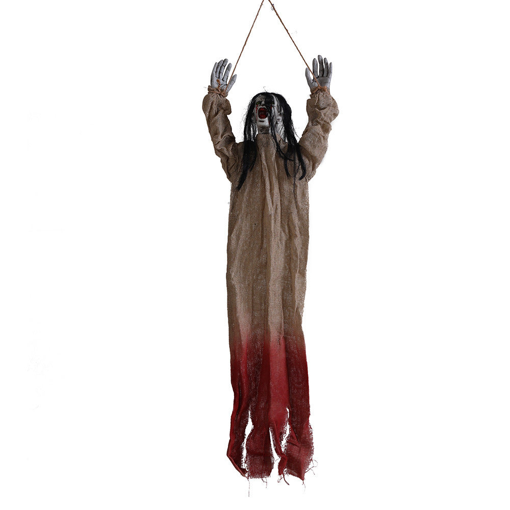Hanging ghost decoration with red accents on a white background