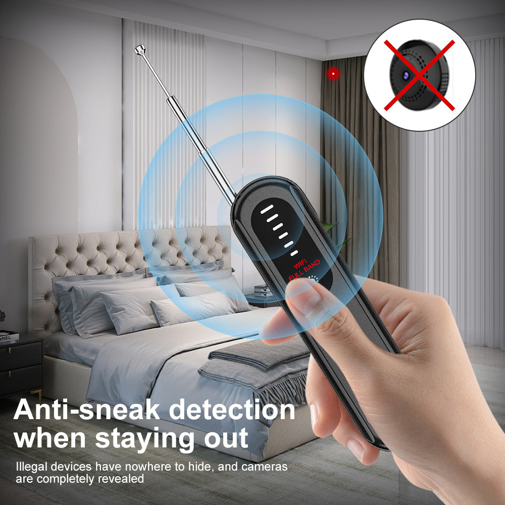 Hand holding a device with anti-sneak detection feature in a bedroom setting