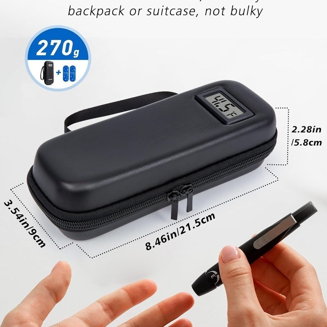 Black electronic device case with digital display, held by a hand, on a light gray background.