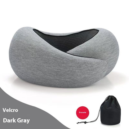 Gray neck pillow with black mesh and a black carrying bag on a white background