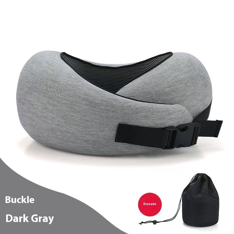 Gray travel neck pillow with black buckle on a white background