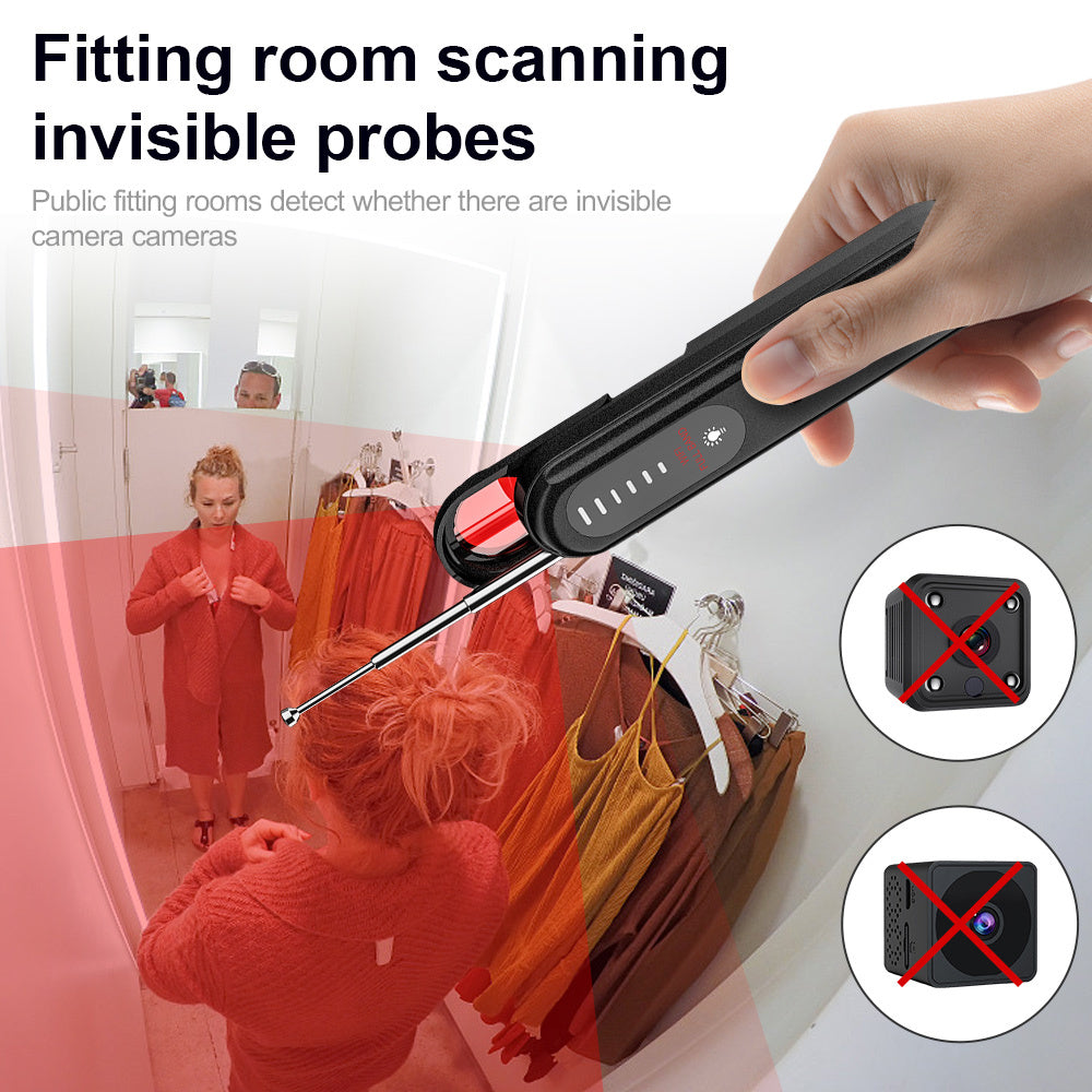 Hand holding a scanning device with text about fitting room scanning invisible probes.