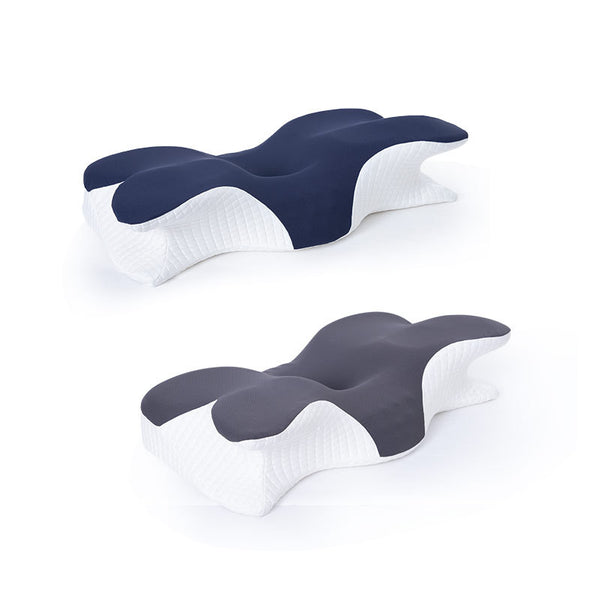 Two ergonomic seat cushions, one blue and one gray, on a white background.