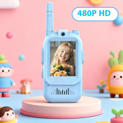 Children's walkie-talkie with a screen displaying a child's face, set against a colorful background with toys.
