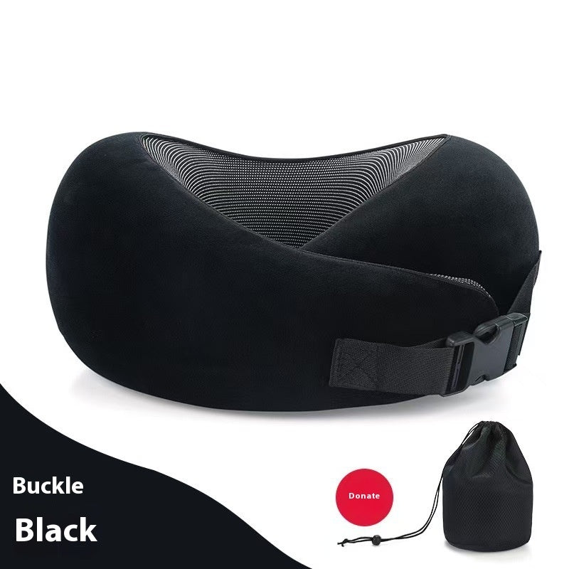 Black travel neck pillow with a buckle on a white background