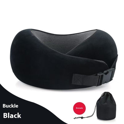 Black travel neck pillow with a buckle on a white background