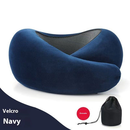 Navy blue travel pillow with a black carrying pouch on a white background
