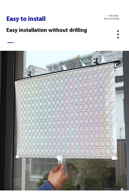 Window treatment with clear clips on a window, labeled 'Easy to install' without drilling.