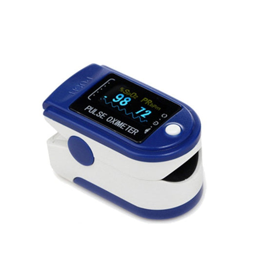 Finger pulse oximeter with blue and white design on a white background