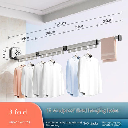 Clothing rack with dimensions and hanging clothes on a white wall background