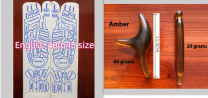 Foot reflexology chart and two wooden tools on a wooden surface with measurements.