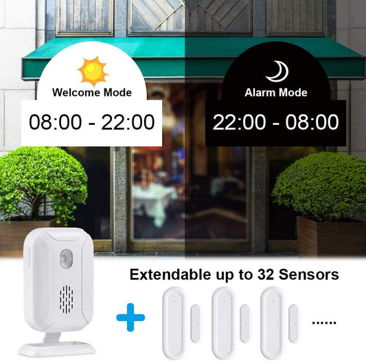 Security system device with mode indicators and sensor extension options in front of a building.