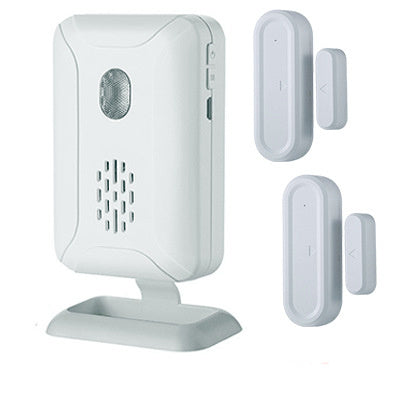 White home security system with a base station and three sensors on a white background
