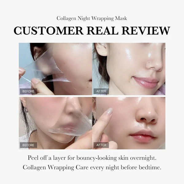 Collagen night wrapping mask review showing before and after effects on skin.