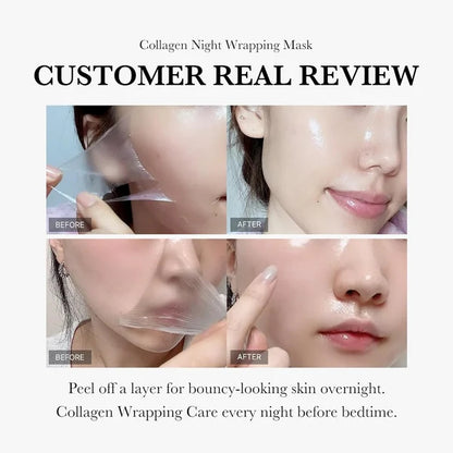 Collagen night wrapping mask review showing before and after effects on skin.