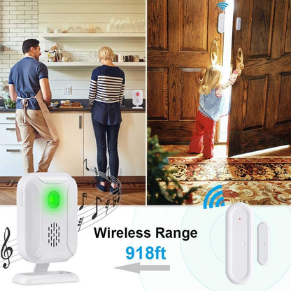 Home security device with wireless range indicator in a kitchen and hallway setting.