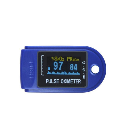 Blue pulse oximeter on a white background