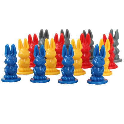Colorful rabbit-shaped game pieces on a white background