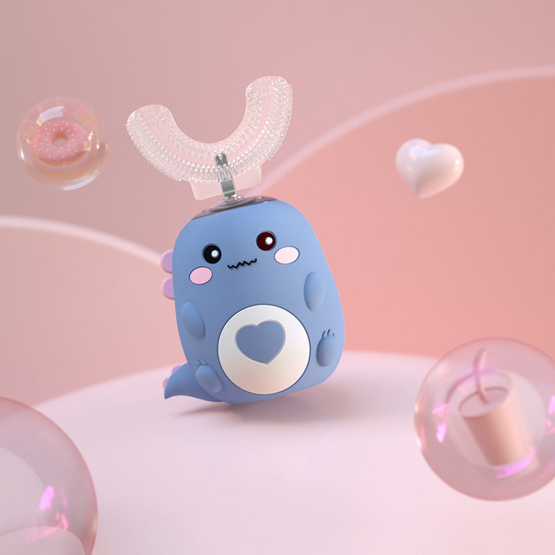 Blue cartoonish dental device with a heart on a pink background