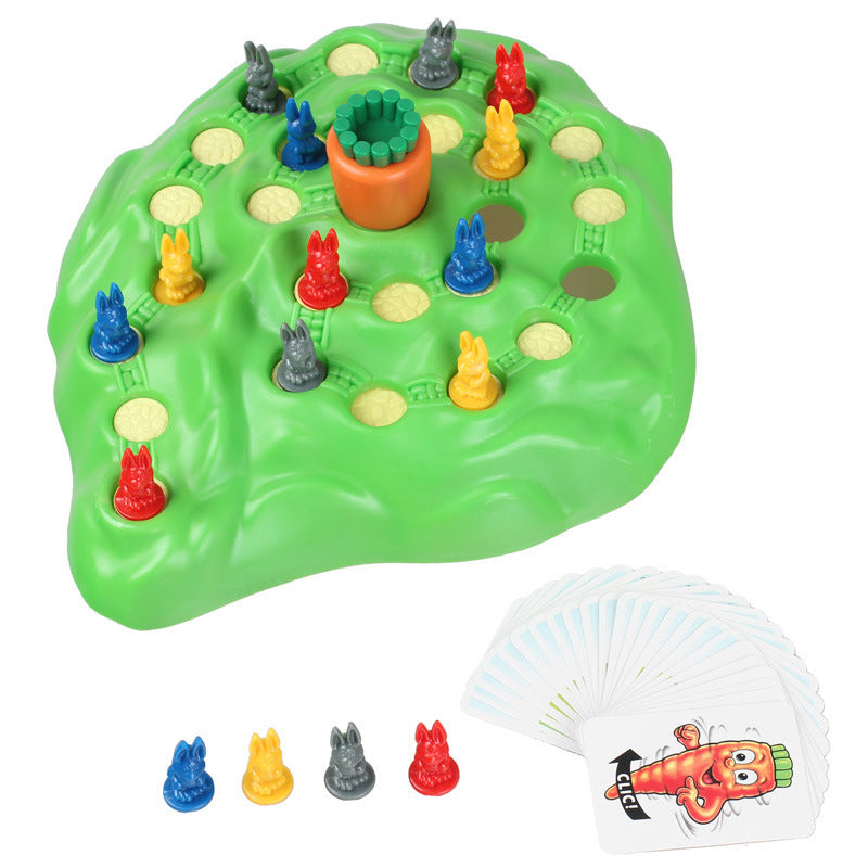 Children's board game with colorful animal figures on a green base