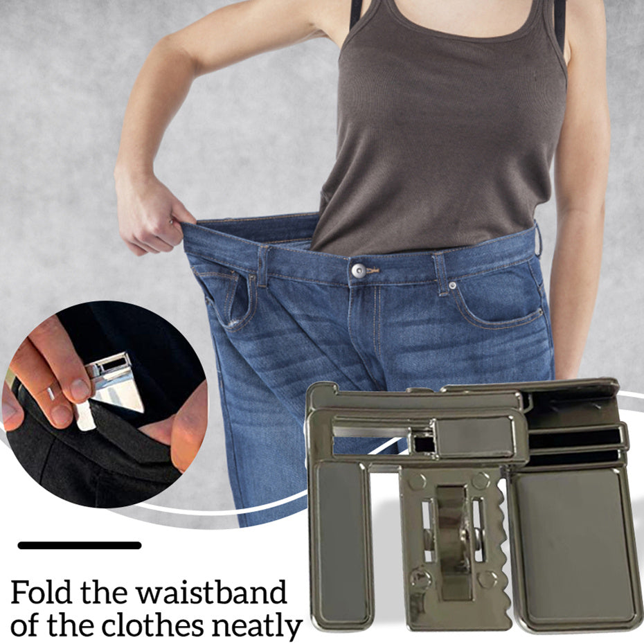 Person wearing oversized jeans with a waistband folding tool displayed.