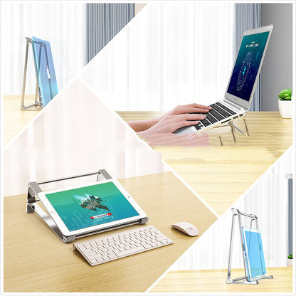 Collage of a laptop on a stand with a tablet on a separate stand, both on a desk.